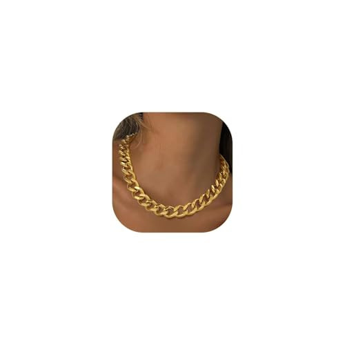 Gold Plated Cuban Link Chain Necklace for Women,Stainless Steel Large Gold Link Chains Short Gold Chunky Necklace, Punk Hip Hop Trendy Non Tarnish Jewelry Gifts for Wife 16mm 18inches | Amazon (US)