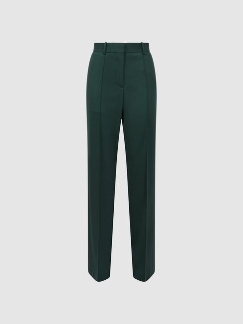 Reiss Bottle Green Jade Wide Wide Leg Wool Blend Mid Rise Suit Trousers | Reiss UK