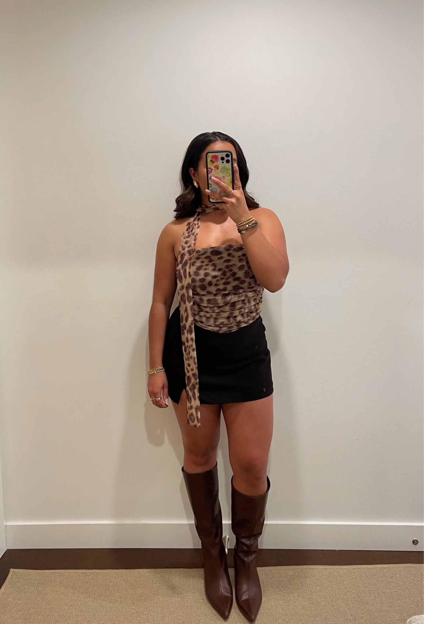 Girls night out! 🐆🥃 

Wearing a S in the skirt, and women’s 7 in the boots 

#blackskirt #cheetahprint #kneehighboots #brownboots #blackminiskirt 

#LTKsummer #LTKstyletip