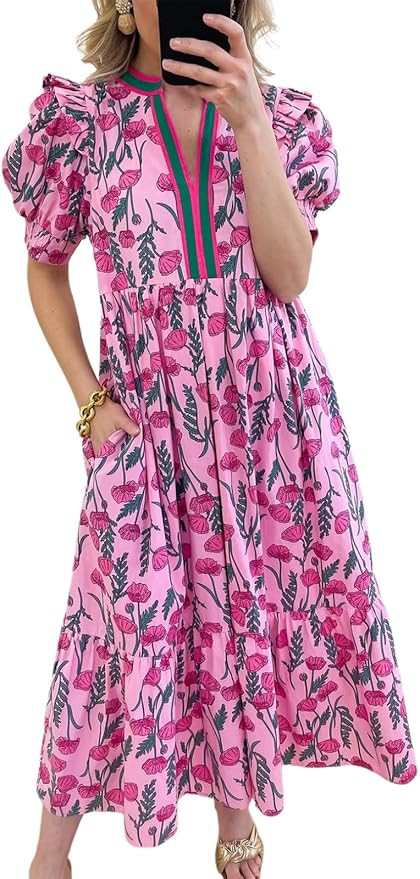 Womens Boho Floral Dresses Summer Casual V Neck Puff Sleeve Maxi Dress Ruffle Tiered Swing Beach ... | Amazon (US)
