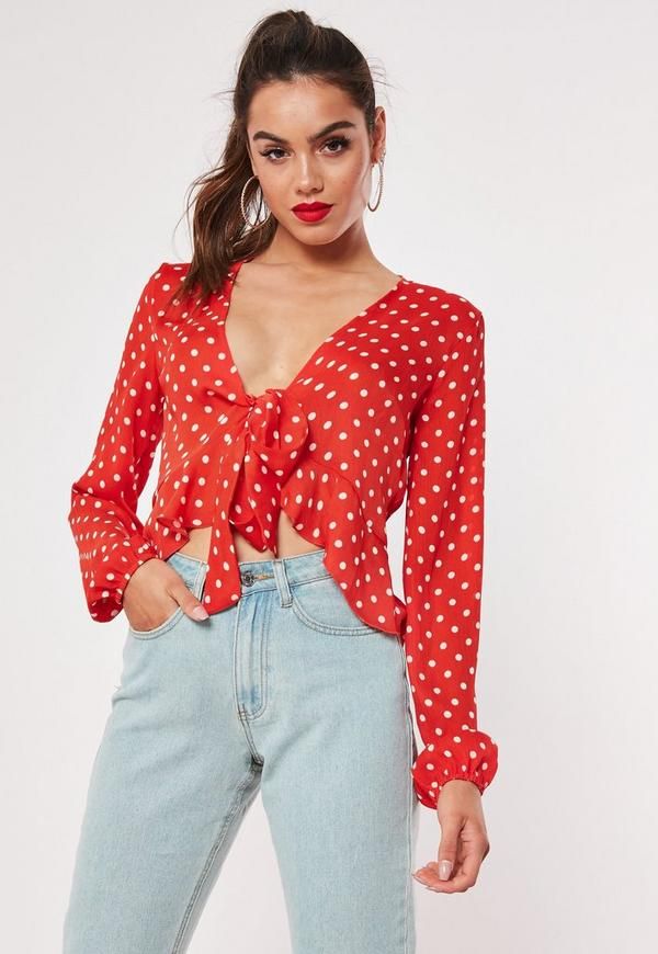 Missguided - Red Polka Dot Tie Front Peplum Blouse | Missguided (UK & IE)