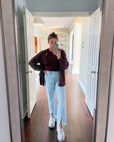 Ootd: love this top and cardi and these split hem jeans are my fav (wearing petite) 

Abercrombie jeans. Fall outfit. Fall inspo. Ugg slippers. Target finds. Target style. Fall outfit inspo. Fall ootd. 

#LTKunder100 #LTKFind