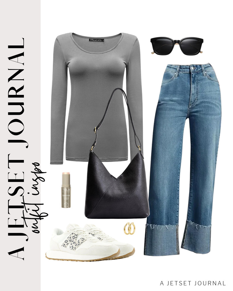 This long-sleeve gray top from OThread & Co. paired with New Balance sneakers is awesome, too! This look is perfect for Portland Leather Goods Naomi shoulder bag and SOJOS polarized sunnies. 

 #LTKSeasonal #LTKSaleAlert #LTKTravel