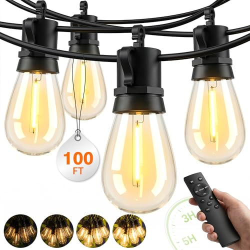 Outdoor String Lights LED Patio-Light - 100Ft Outside Waterproof Dimmable Porch Lights with Remote Shatterproof S14 Bulbs Outside Hanging Light Connectable Lighting for Gazebo Backyard Bistro Pergola | Amazon (US)