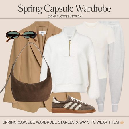 Capsule wardrobe spring outfit - varley Davidson sweatshirt - varley ivory marl joggers - Adidas Spezial trainers - brown suede bag - the Frankie shop beige oversize blazer 

#LTKstyletip #LTKSeasonal #LTKeurope
