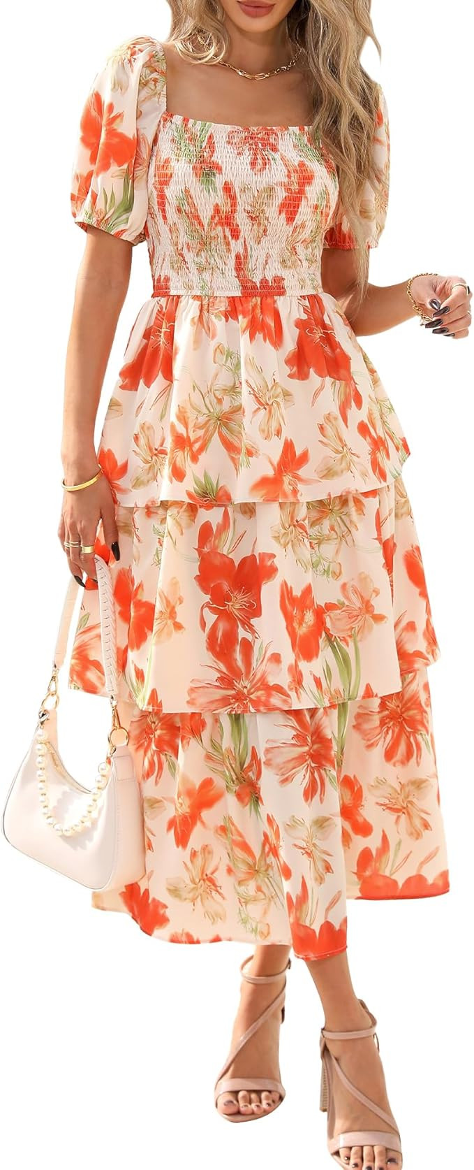 BTFBM Womens Square Neck Smocked Dress Summer Puff Short Sleeve Floral Casual Ruffle Tiered Maxi ... | Amazon (US)