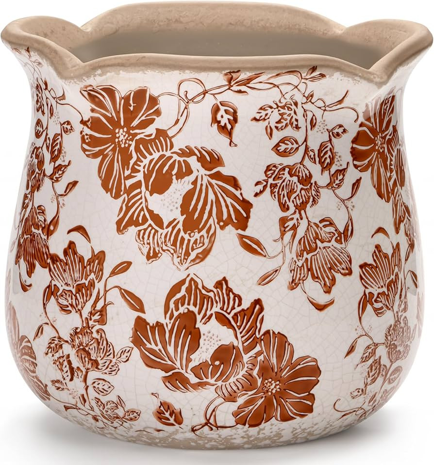 Vintage Ceramic Planter Pot with Drainage Holes, Green Floral Design, 6.11 Inch, Distressed Tusca... | Amazon (US)
