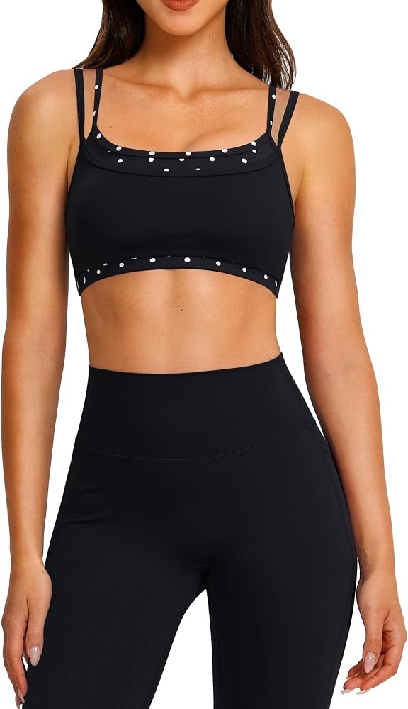 OMKAGI Layered Womens Workout Sets Strappy Sports Bra Leggings Gym Outfits | Amazon (US)