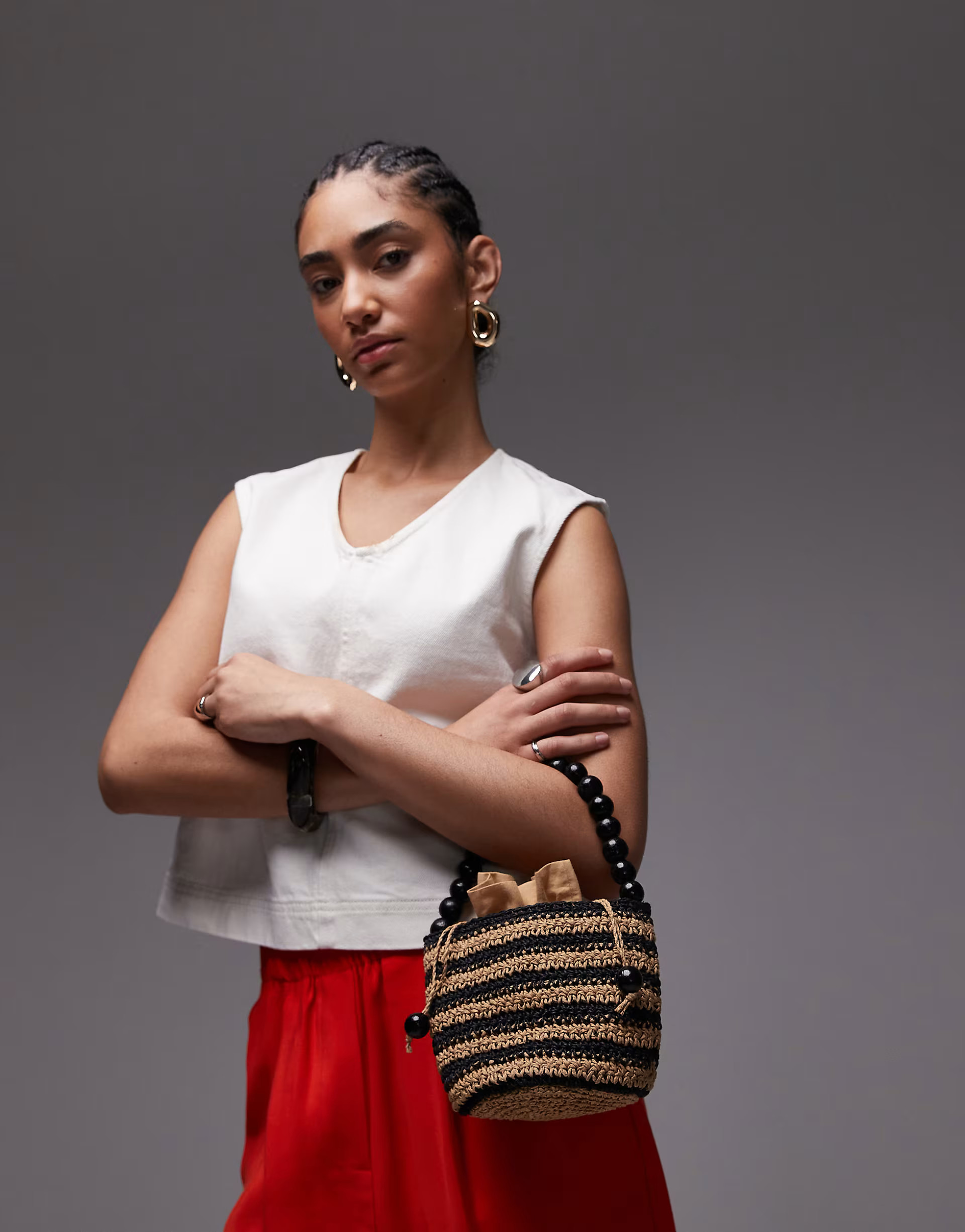 Topshop Gevvie beaded handle straw bag in black stripe | ASOS | ASOS (Global)