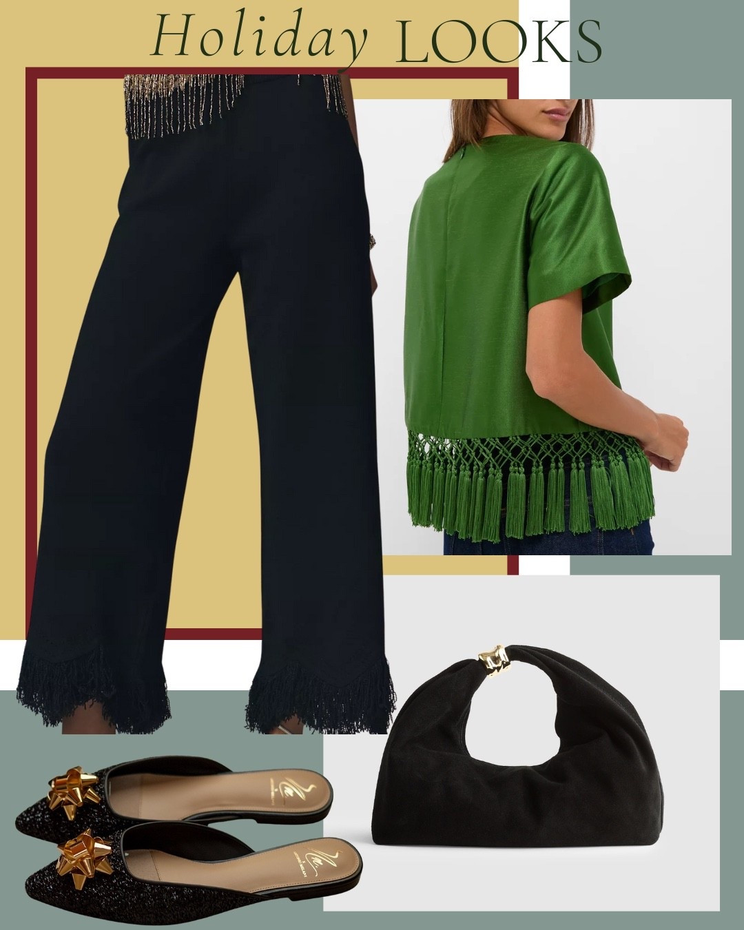 Dressy-casual outfit for the holidays. Wide leg pants and a tassel blouse paired with sequin mules and a lovely handbag. 

#fall outfits #holiday looks #casual outfits #dressy outfit #blouse #wide leg pants #clat shoes #flats #alides #mules

#LTKootd #LTKCyberWeek