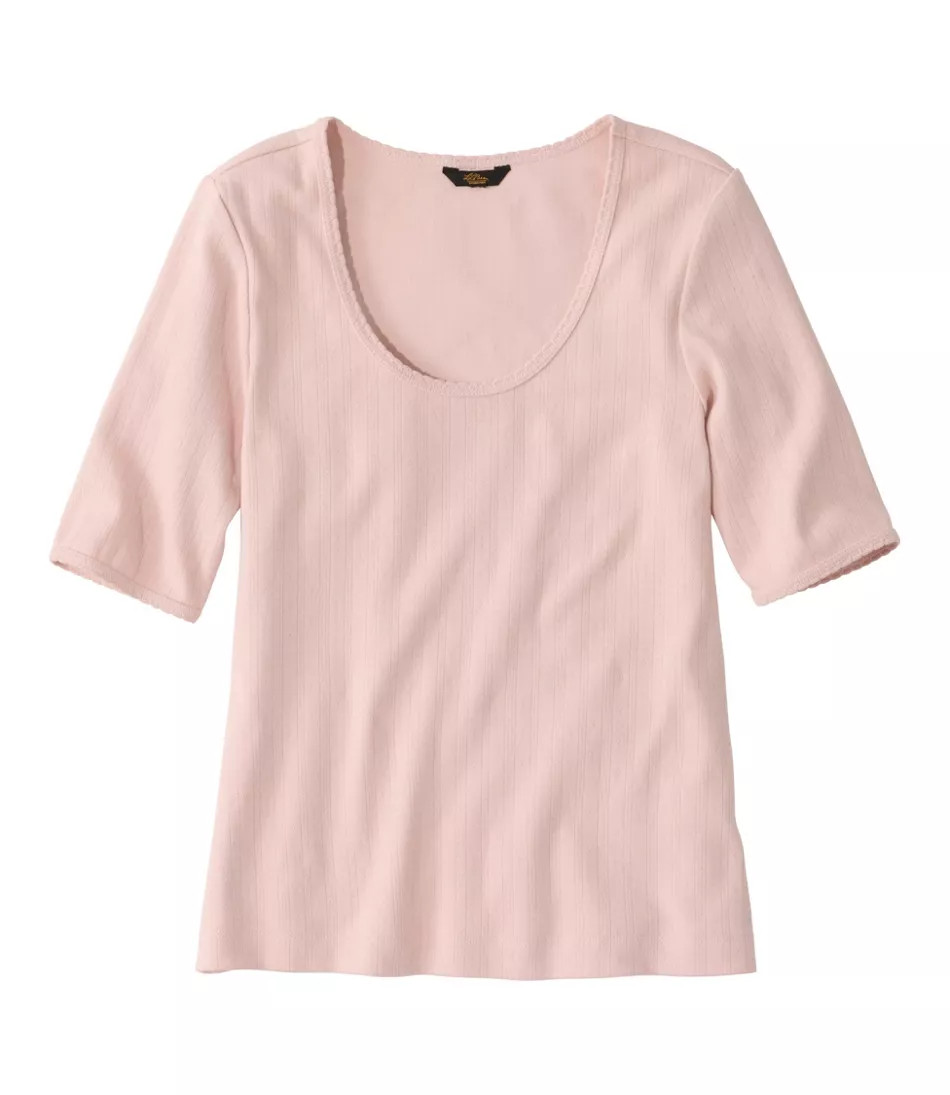 Women's Signature Premium Essential Pointelle Tee, Elbow-Sleeve Scoopneck Oatmeal Heather Large, Cotton L.L.Bean | L.L. Bean
