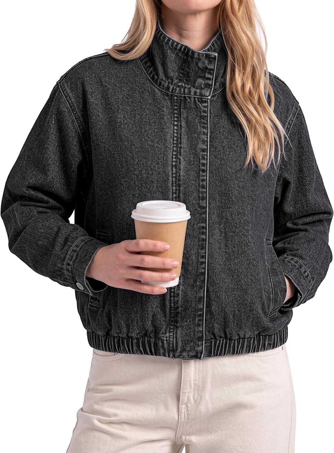 luvamia Jean Jacket Women Funnel Neck Zip Up Oversized Casual Denim Jackets | Amazon (US)