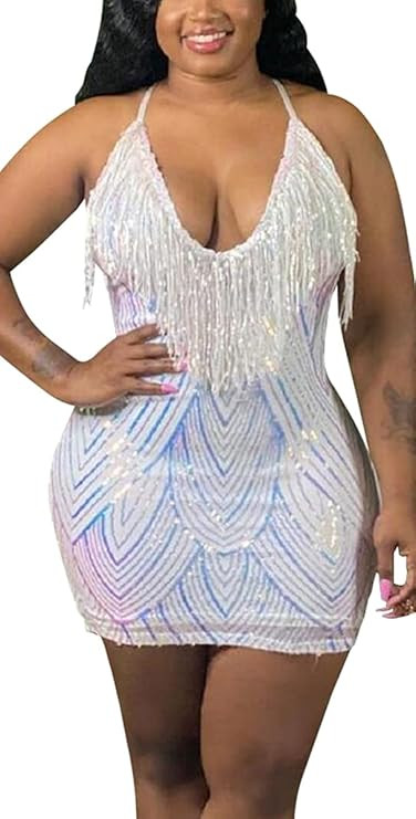 WUSENST Women's Sexy Bodycon Party Mini Dress Deep V Neck Sequin Backless Spaghetti Straps Clubwe... | Amazon (US)