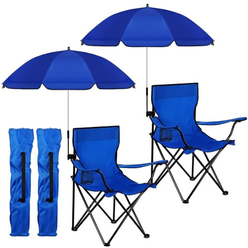 Anglechic 2 Pack Beach Chair with Umbrella for Adults Universal Clamp Folding Lightweight Adjustable Backpack Sling Beach Camping Chair with Cup Holder for Sand Camping Travel Outdoor Pool(Blue) | Amazon (US)