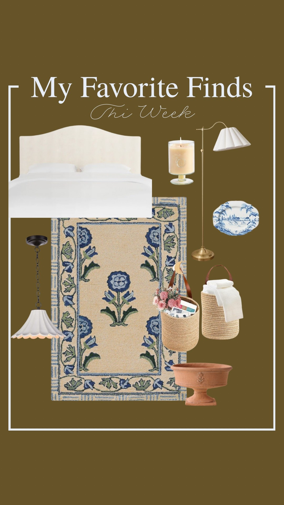 A round up of my favorite home finds this week! Grandmillennial style rug, scalloped pendent light fixture, hanging baskets, blue and white decorative plates, floor lamp, pedestal candle, traditional bed frame 

#LTKHome #LTKFindsUnder100