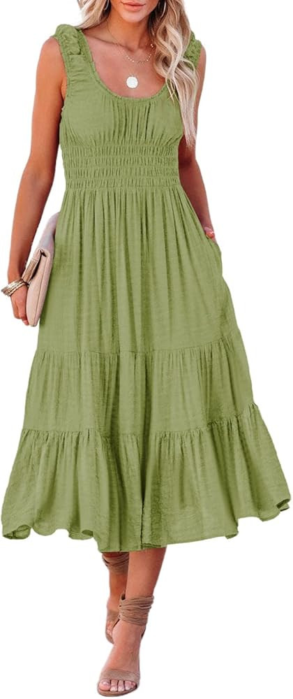 AlvaQ Women Summer Dresses Sleeveless Smocked Midi Dress High Waist Casual Tiered A Line Sundress... | Amazon (US)