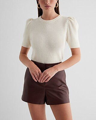 Ribbed Crew Neck Puff Sleeve Sweater | Express