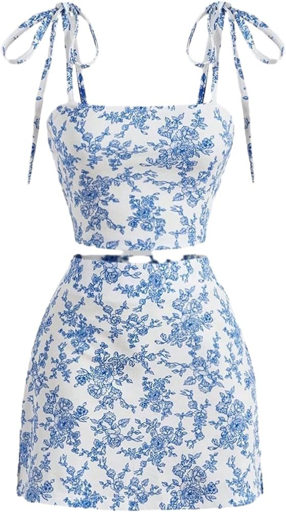 Floerns Women's 2 Piece Outfit Floral Print Tie Shoulder Cami Top with Skirt Set | Amazon (US)