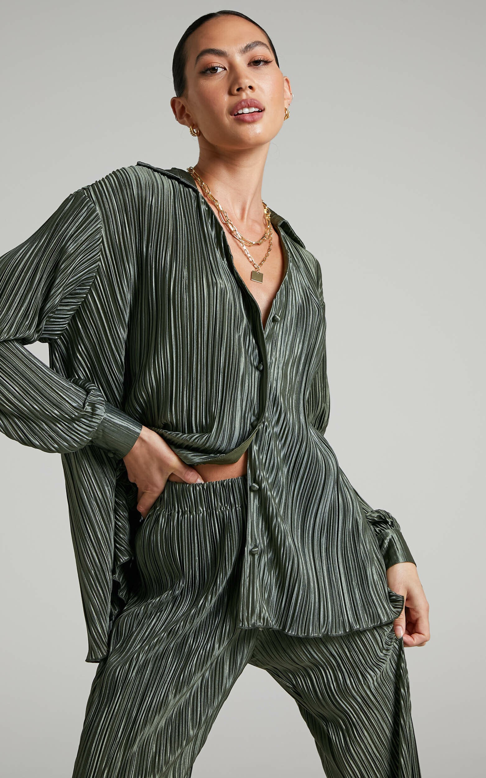 Beca Plisse Button Up Shirt in Olive | Showpo (ANZ)
