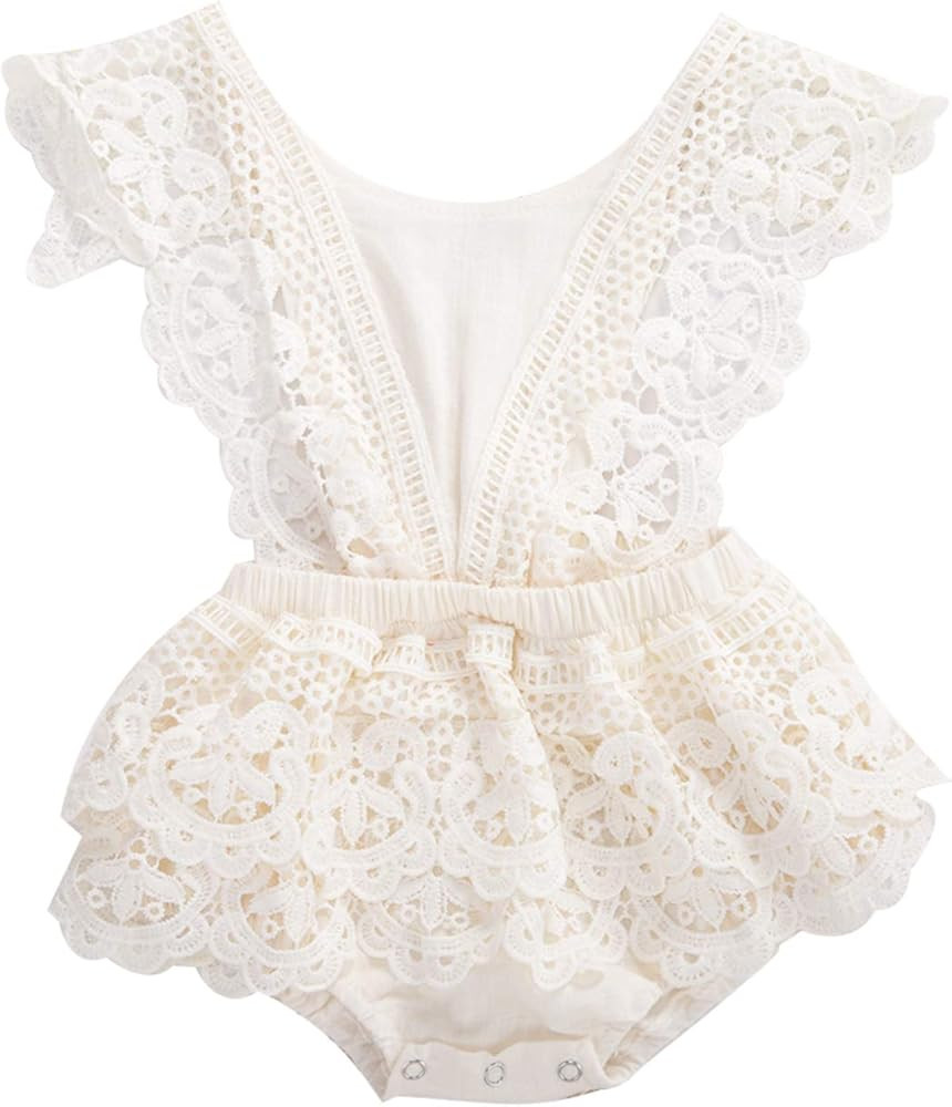 2Pcs Newborn Baby Girl Lace Ruffles Sleeve Bodysuits Backless Jumpsuit Clothes Romper Set | Amazon (US)