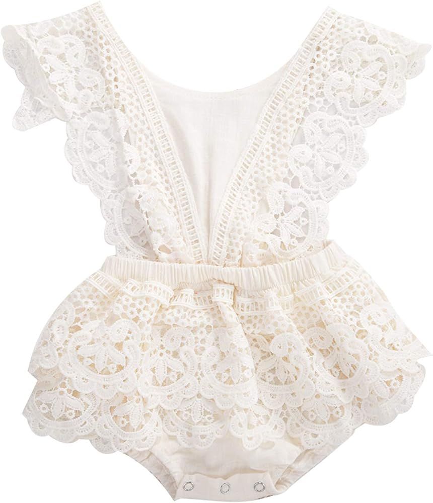 2Pcs Newborn Baby Girl Lace Ruffles Sleeve Bodysuits Backless Jumpsuit Clothes Romper Set | Amazon (US)