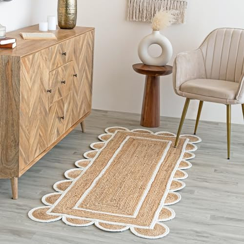 Weaving Village Scalloped Natural Jute Area Rug, Natural Base Off White Trim, 2'6"x12' | Amazon (US)