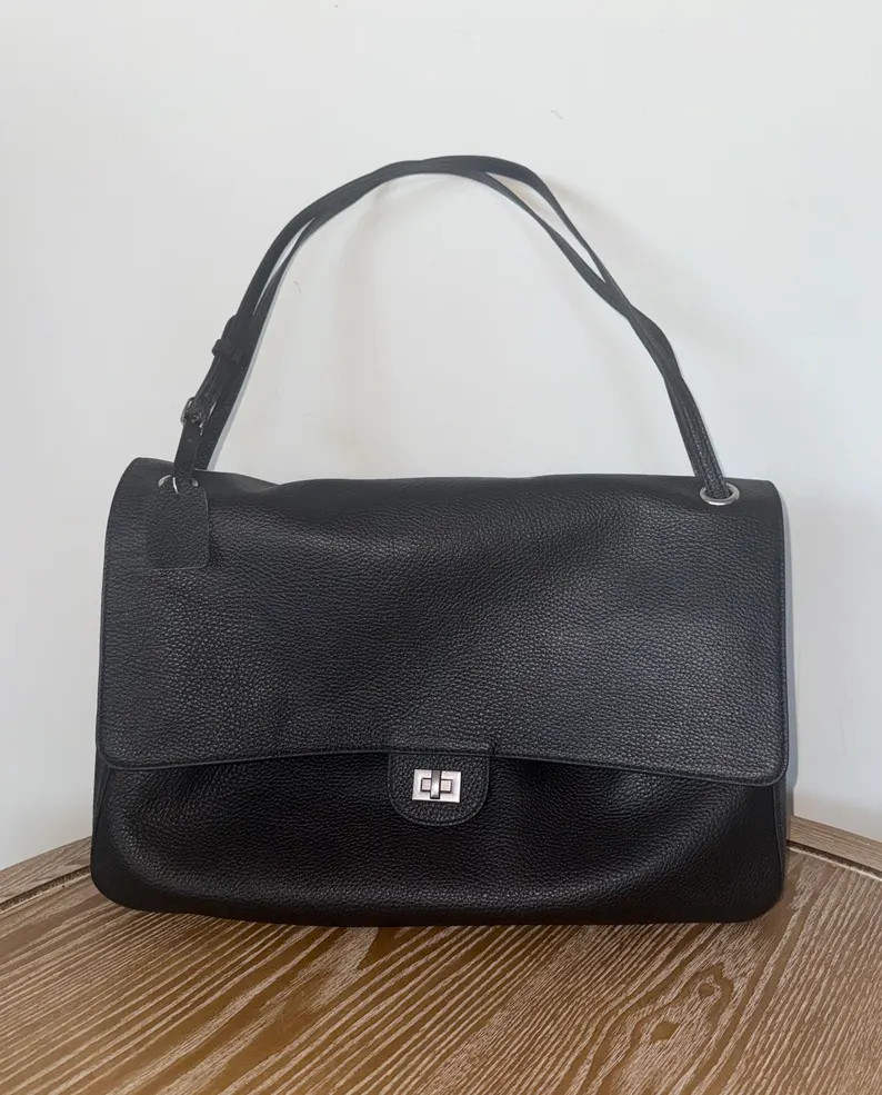 Cowhide Leather Soft Flap Shoulder Bag, Large Tote, Silver Turn-Lock Closure | Etsy (Global)