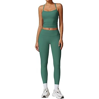 Womens Workout Sets Two Piece Cross Back Tank Top Matching High Waist Leggings Sets Gym Outfits W... | Amazon (US)