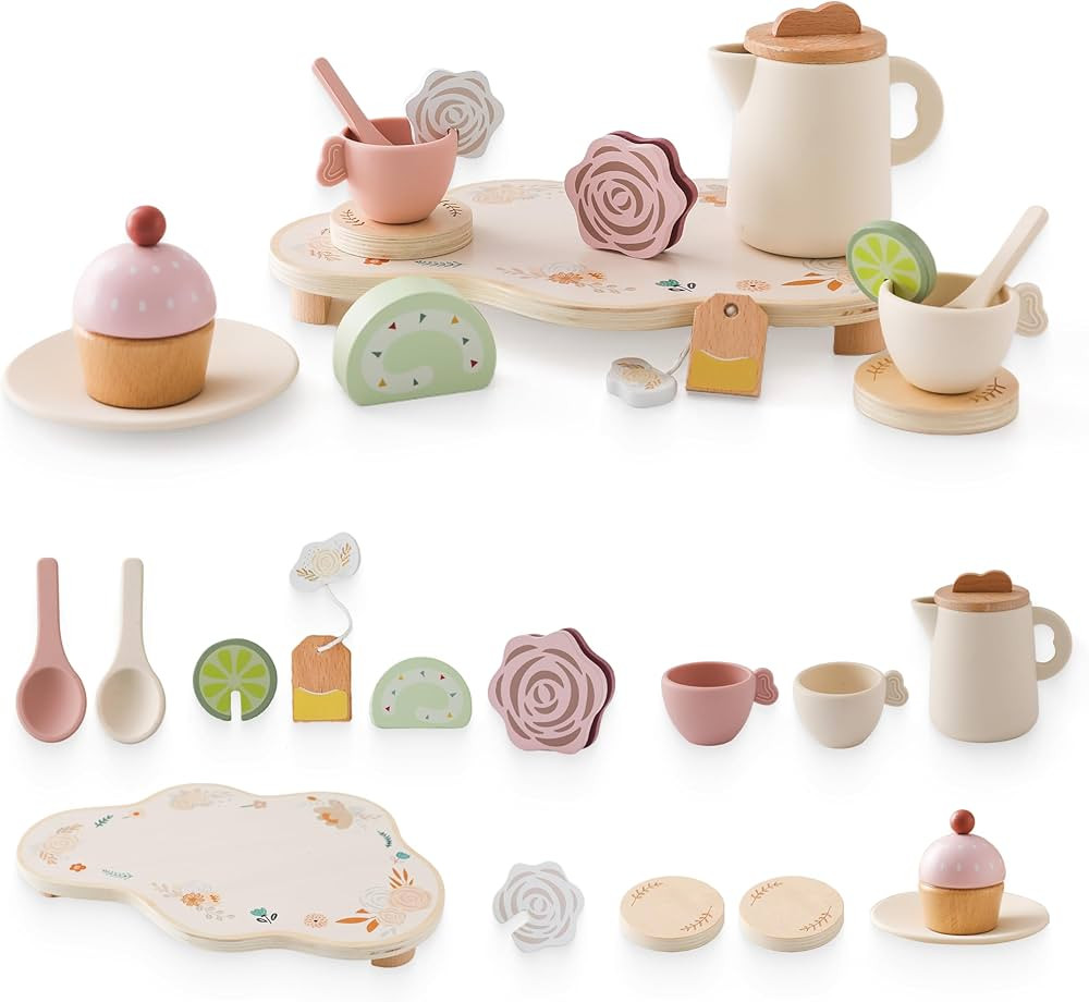 Tea Party Set for Kids - Wooden Tea Set for Little Girls 15PCS Silicone Toddler Tea Set Kitchen A... | Amazon (US)