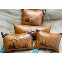 Leather Pillow, Lodge Rental Cabin Décor, Small Lumbar Mountain Decoration, Pillow | Etsy (US)