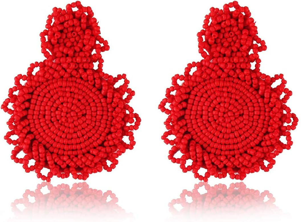 Statement Drop Earrings - Red Bohemian Beaded Round Dangle Earrings Gift for Women | Amazon (US)
