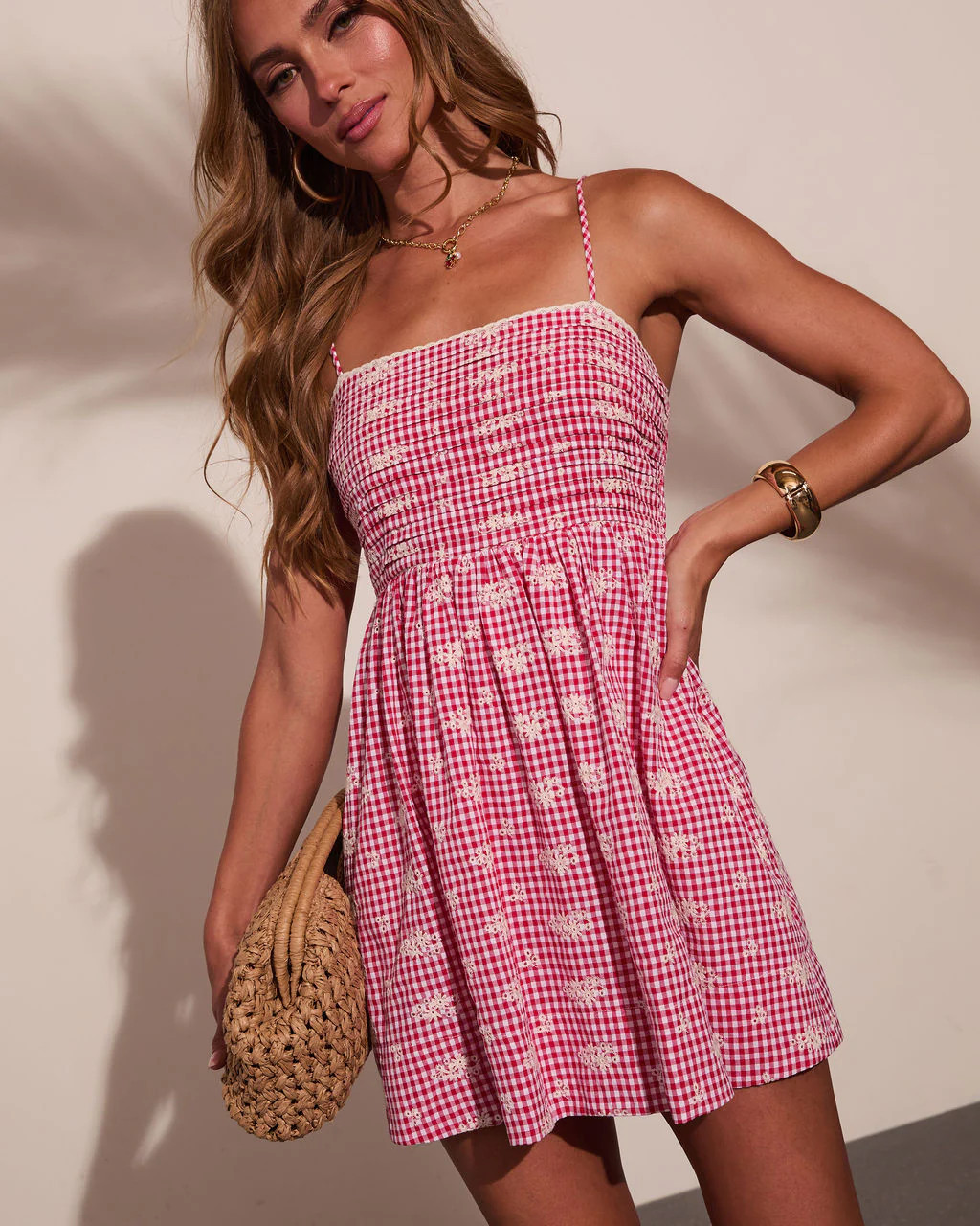 Coastal Air Eyelet Gingham Print Mini Dress - Red Multi / M | VICI