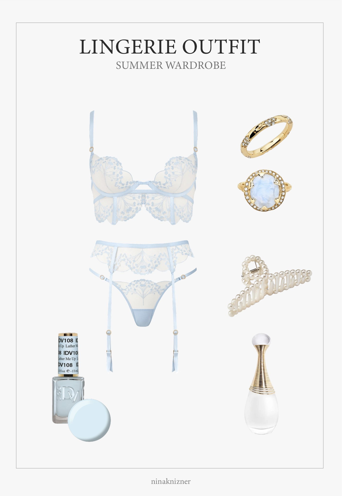 Elegant Date Night Outfit for Summer.

Bluebella lace is simply exquisite and the flower detail of this set is just stunning. Super elegant and feminine, it’s perfect for a special occasion. 

Paired with a couple of wishlist  gold rings from Logan Hollowel. The moonstone is to dieeee for.

Wanted to keep the feel light and airy, so I added the Jadore perfume to the mix. It’s smells fresh and sexy. 

Pastel Coquette Nail colors are so in, and the light blue nail polish is so pretty.


Summer Lingerie | White Lingerie | Vacation Outfit | Summer Bra | Summer panty |Sleepwear | Date Night Outfit | Heirloom Jewelry | Nail Polish

#LTKTravel #LTKSeasonal #LTKStyleTip