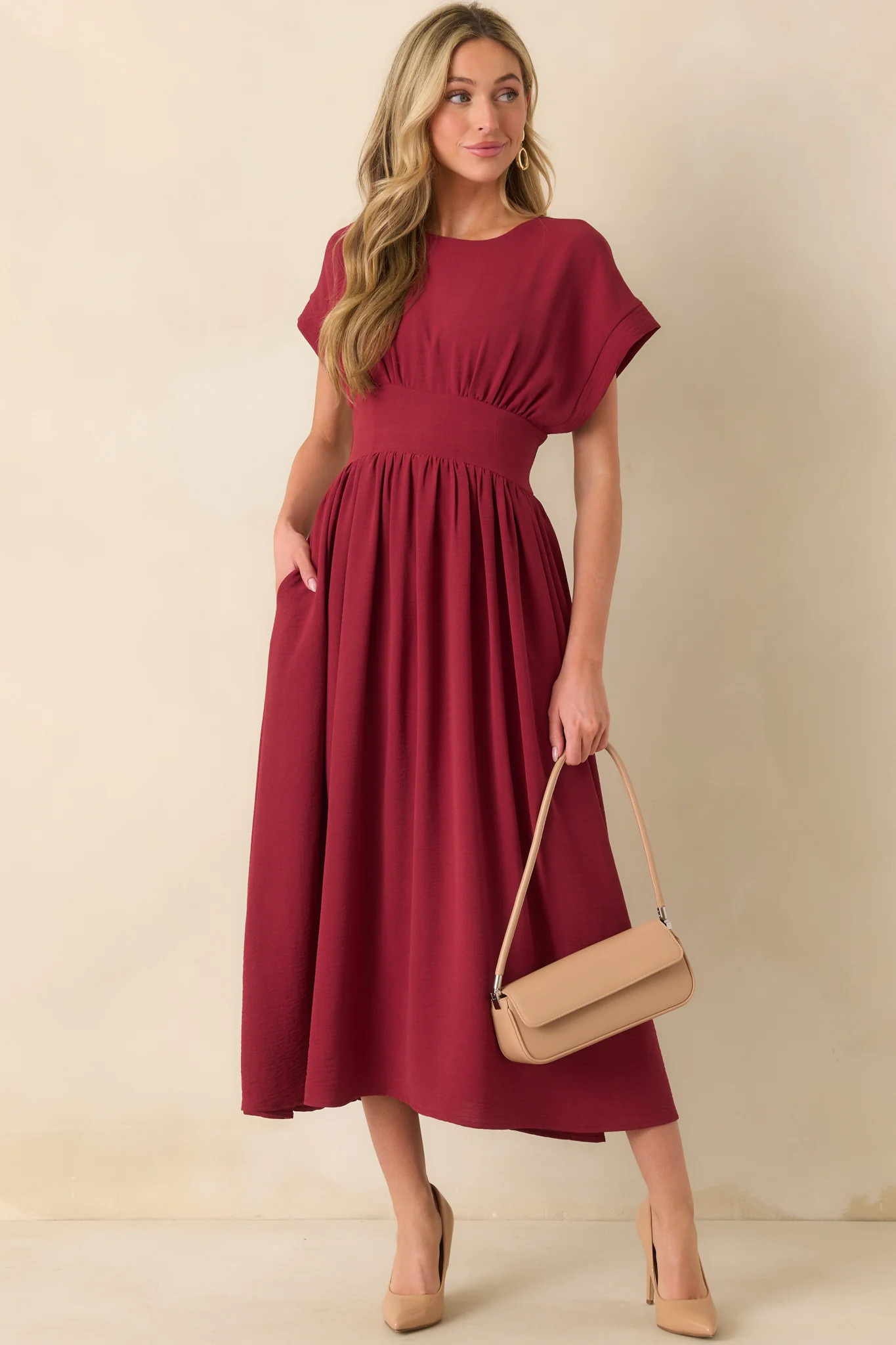 Faded Photographs Burgundy Chiffon Cap Sleeve Maxi Dress | Red Dress