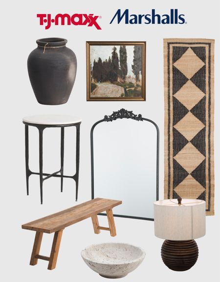 Framed art, wool and jute runner, mirror, wood bench, jug vase, wood table lamp, marble top iron stand, travertine bowl

#LTKstyletip #LTKhome #LTKFind