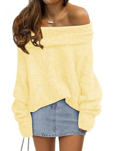 LILLUSORY Womens Off The Shoulder Sweater Oversized Winter Fall Outfits Fashion Cozy Cute Casual Going Out Batwing Sleeve Vacation Pullover Sweaters 2026 Spring Trendy Clothes Tops Yellow L | Amazon (US)