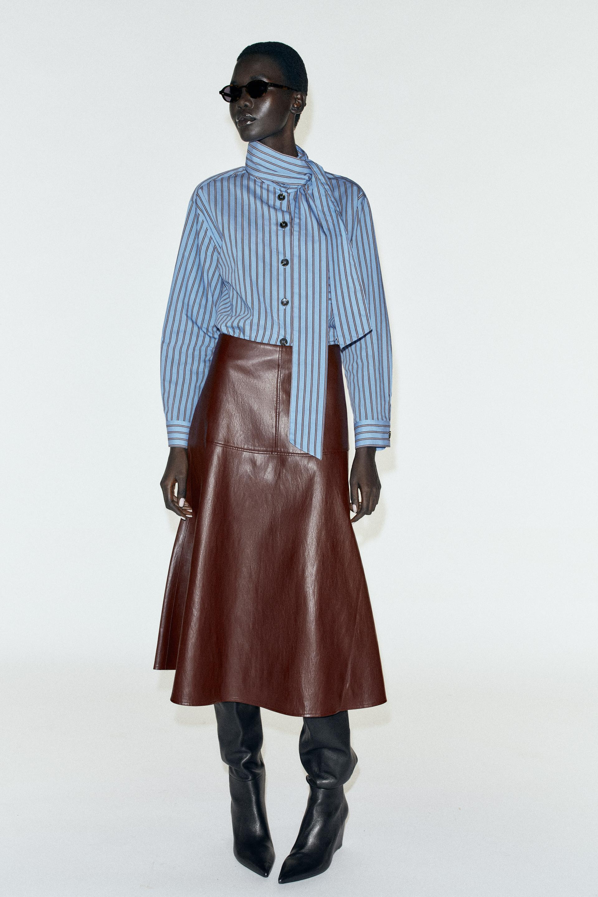 Zara - Striped Shirt With Tie - Brown-Blue - L - Woman | Zara UK