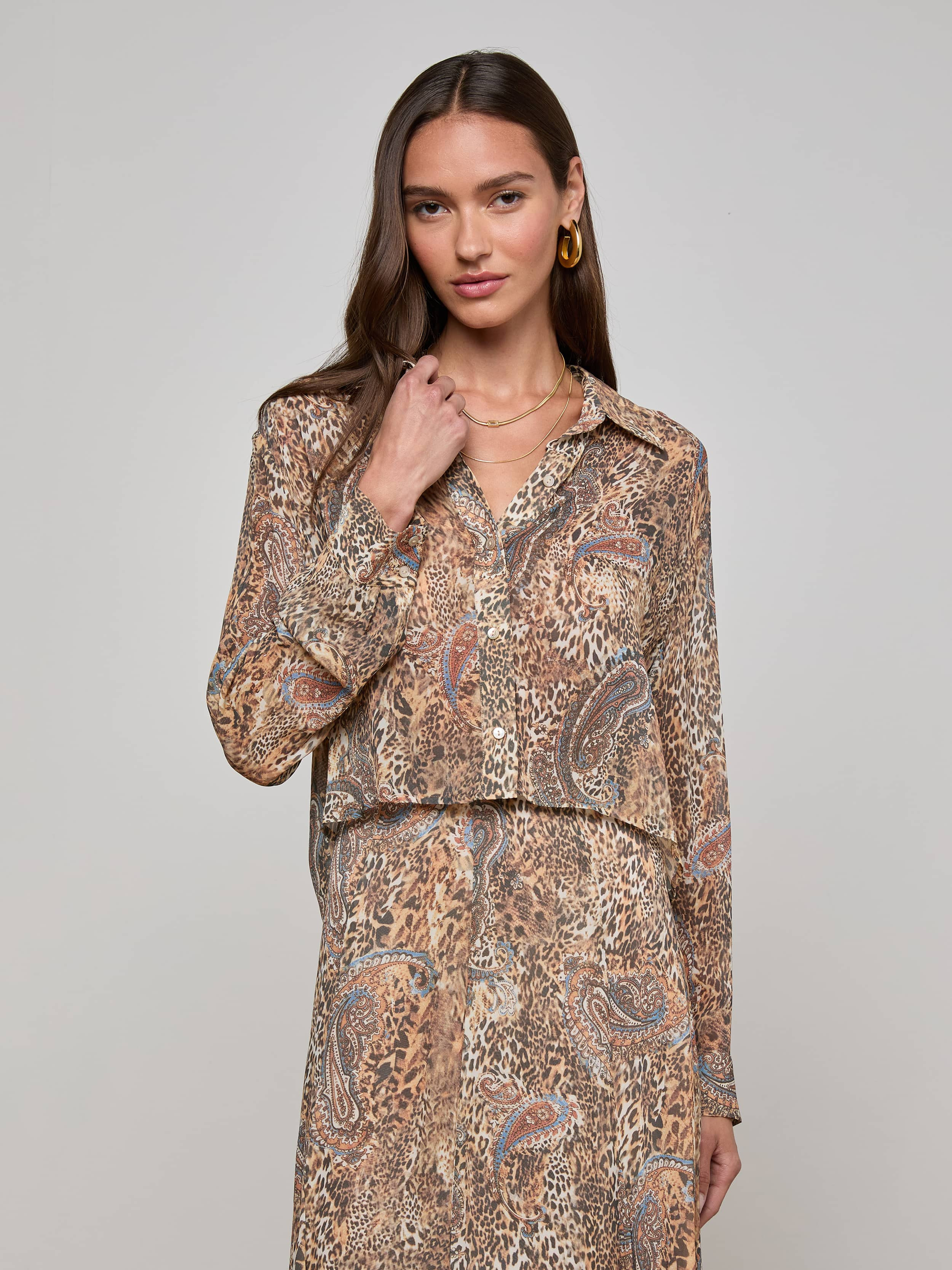Cosette Button-Down Shirt in Brown/Blue Valencia Leopard | L'AGENCE | L'Agence