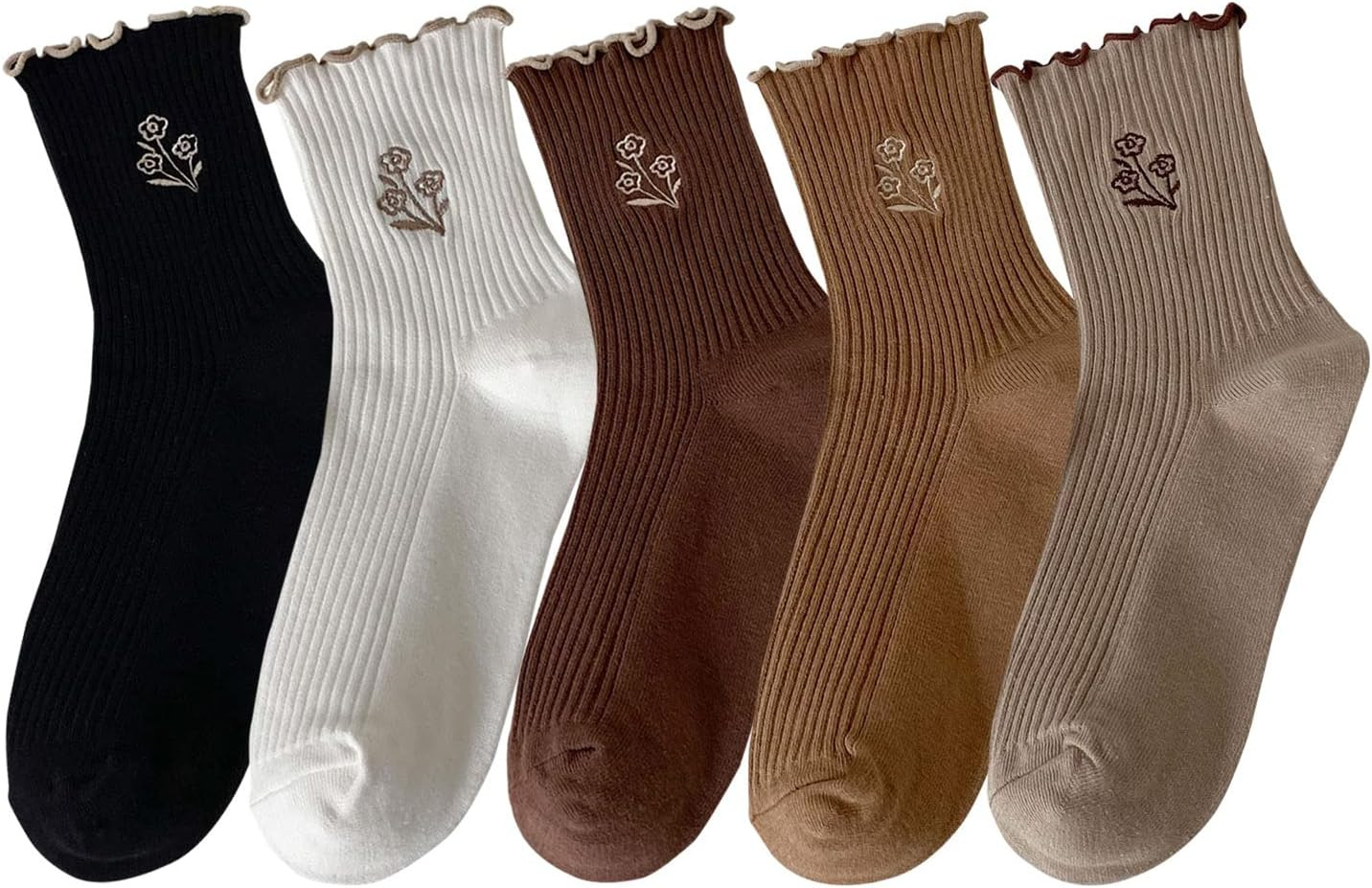 zrylibya Women Cute Ruffle Frilly Floral Embroidery Crew Socks 5 Pairs | Amazon (US)