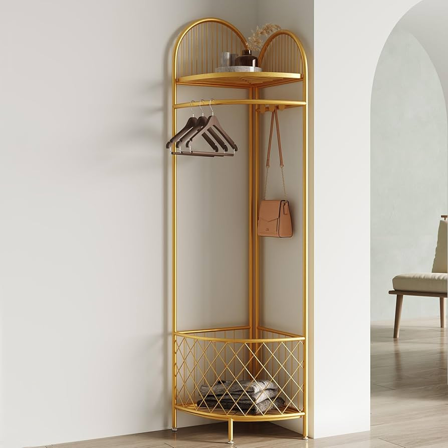 corner coat rack,corner hall tree,metal clothes rack,gold clothing rack with storage basket and h... | Amazon (US)