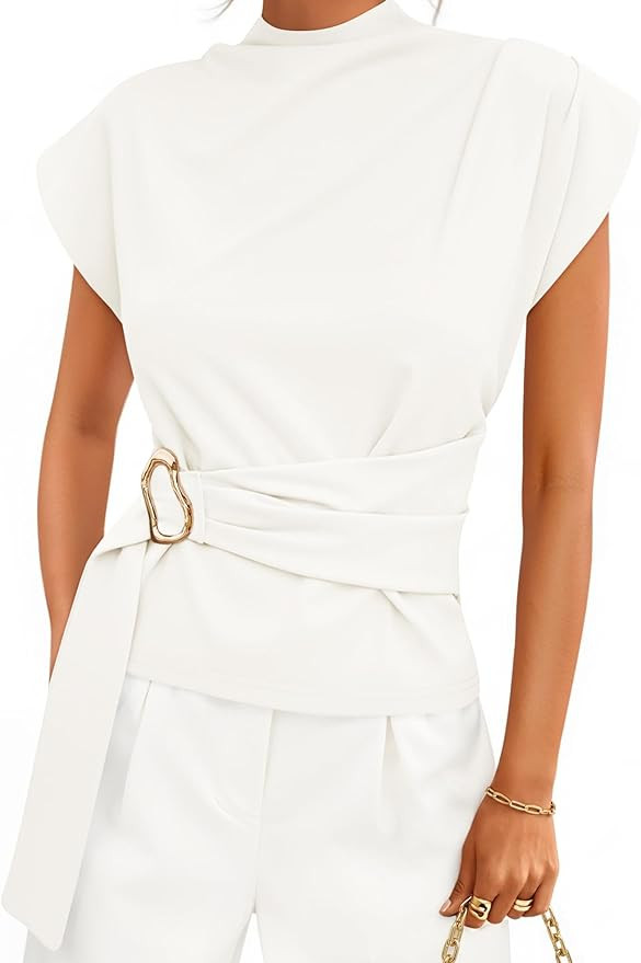 ZESICA Women's 2026 Summer Cap Sleeve Blouse Mock Neck Business Casual Tops Spring Dressy Tunic W... | Amazon (US)