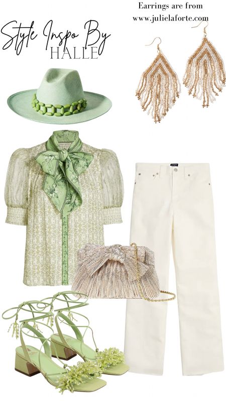 Style Inspo by Halle 
Green top 
White pants 
Off white jeans 
Green hat 
Hreen heels 
Bow clutch 

#LTKswim #LTKworkwear #LTKFind
