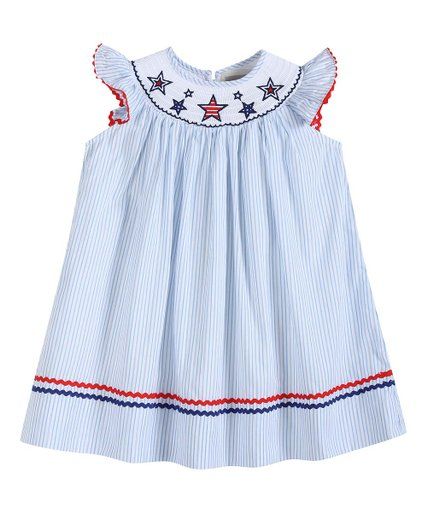 Lil Cactus Blue & White Stripe Americana Stars Smocked Angel-Sleeve Bishop Dress - Infant & Toddl... | Zulily