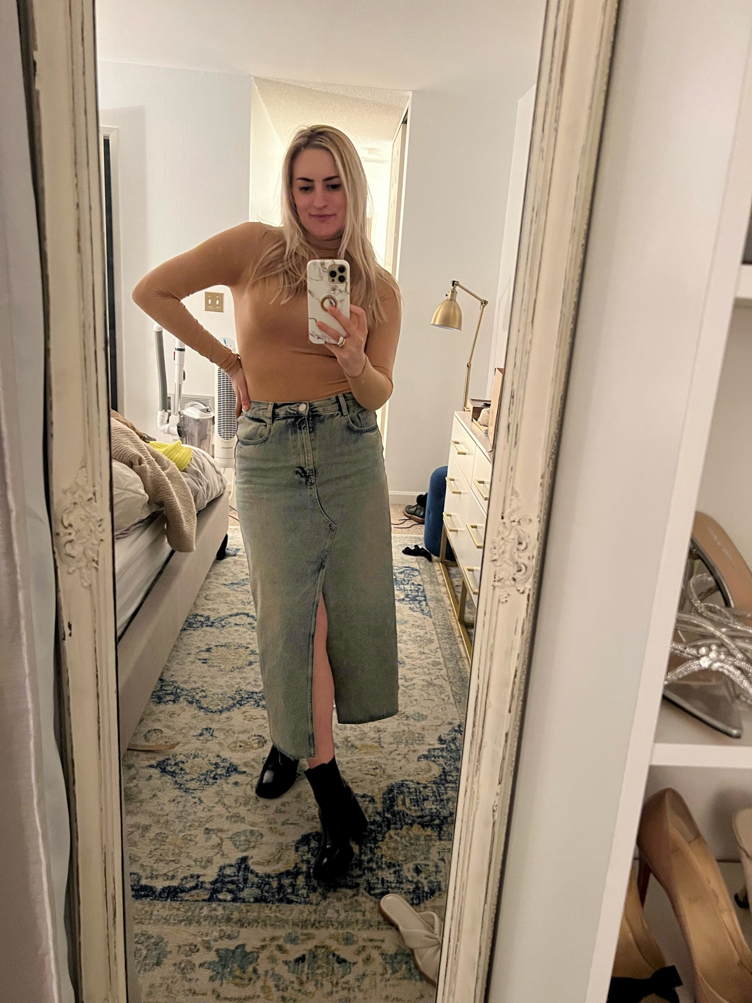 #denim skirts | maxi denim skirts | spring outfits | spring style | bodysuit | booties | boots