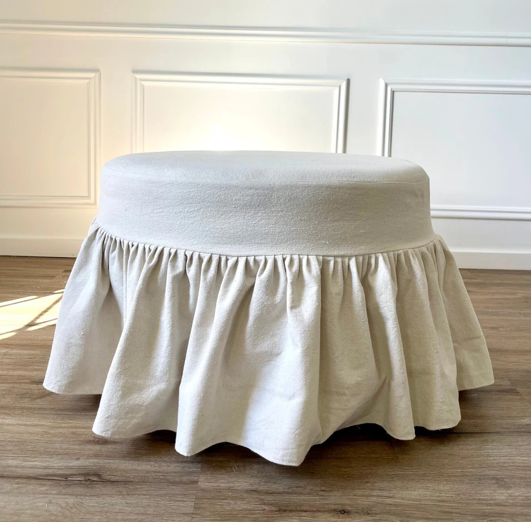Slip Cover for Round or Oval Ottoman,custom Size,ruffled,creamy White,gray or Ivory Cotton,french... | Etsy (US)