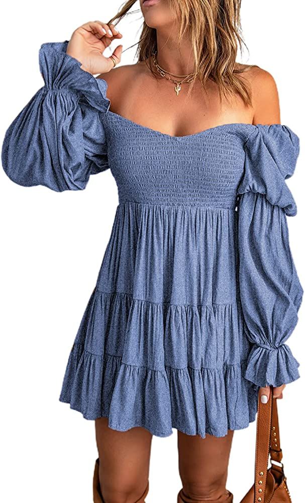 EVALESS Summer Dresses for Women 2022 Long Ruffle Sleeve V Neck Off Shoulder Elastic Waist Short ... | Amazon (US)