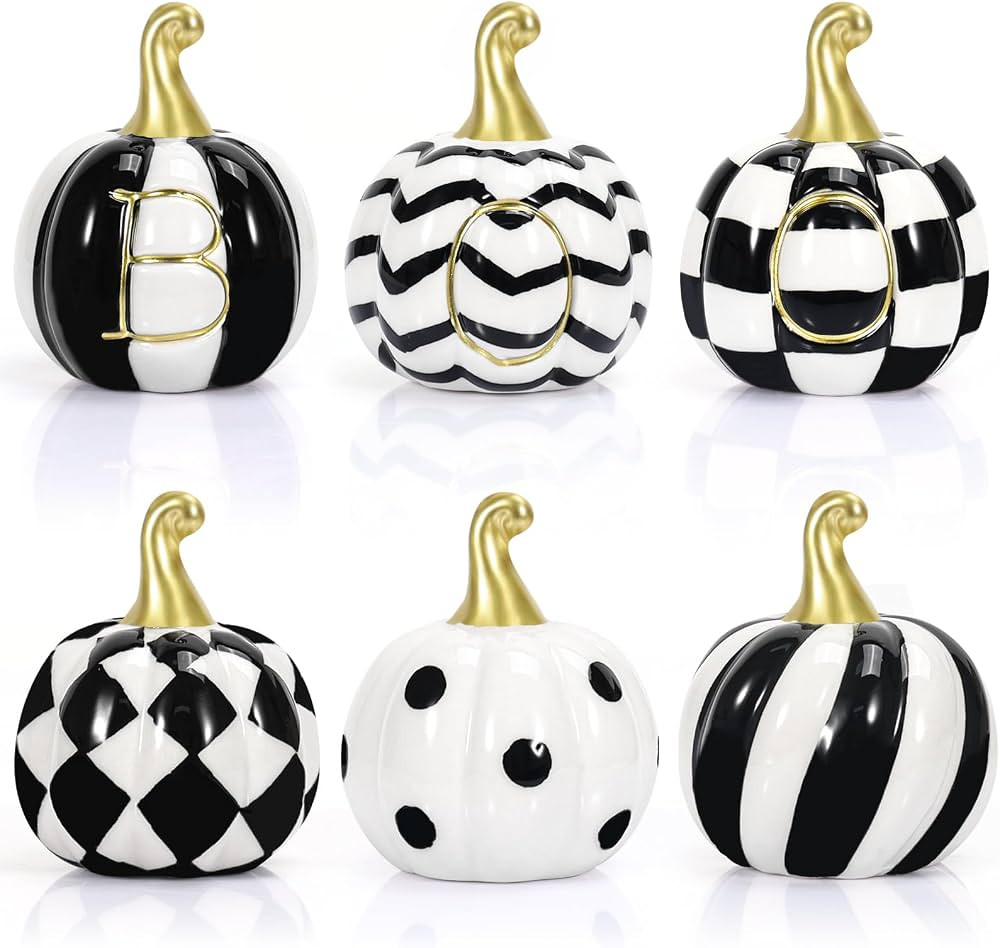 Set of 6 Ceramic Halloween Pumpkin Decor Ceramic Black and White Pumpkin Buffalo Plaid Ceramic Pu... | Amazon (US)