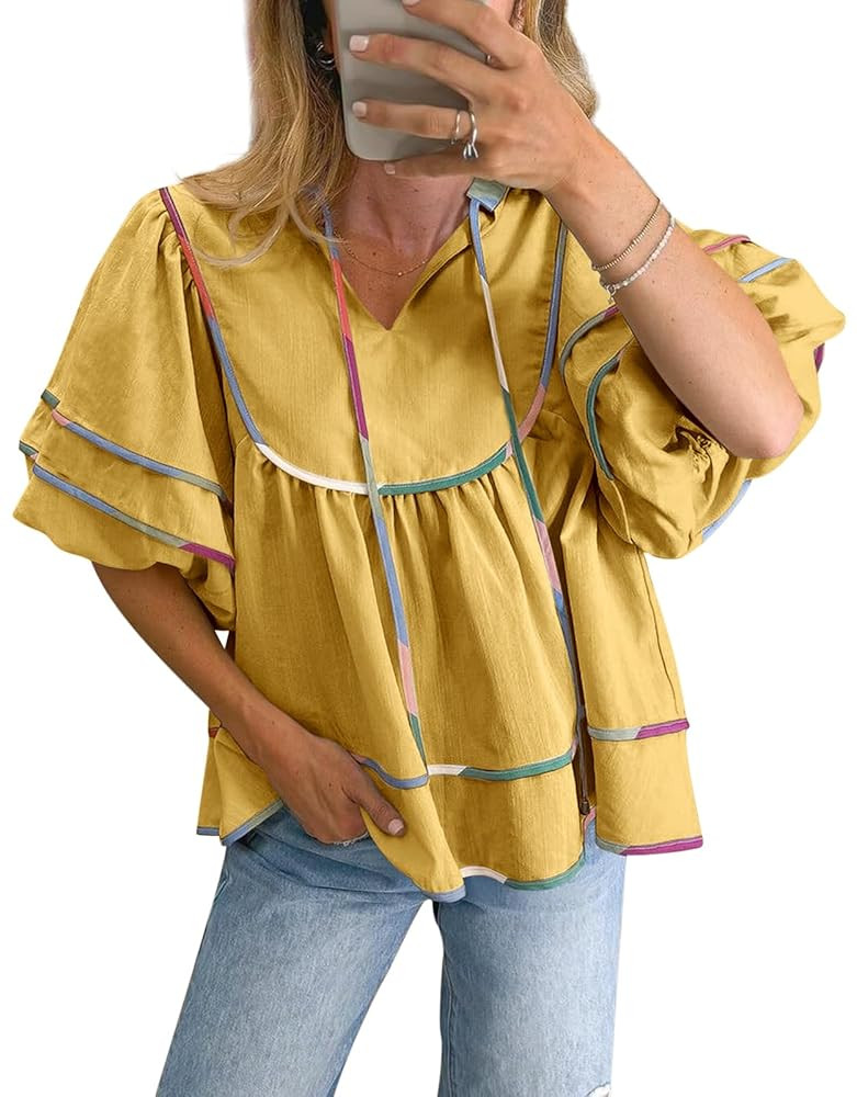 Cicy Bell Womens Summer Babydoll Tops V Neck Short Lantern Sleeve Shirts Cute Loose Fit Peplum Fl... | Amazon (US)