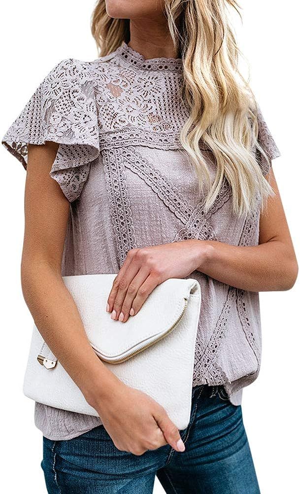 ZXZY Women Cute Lace Blouse Top Short Sleeve Lace Hollow Out Turtle Neck T Shirt | Amazon (US)