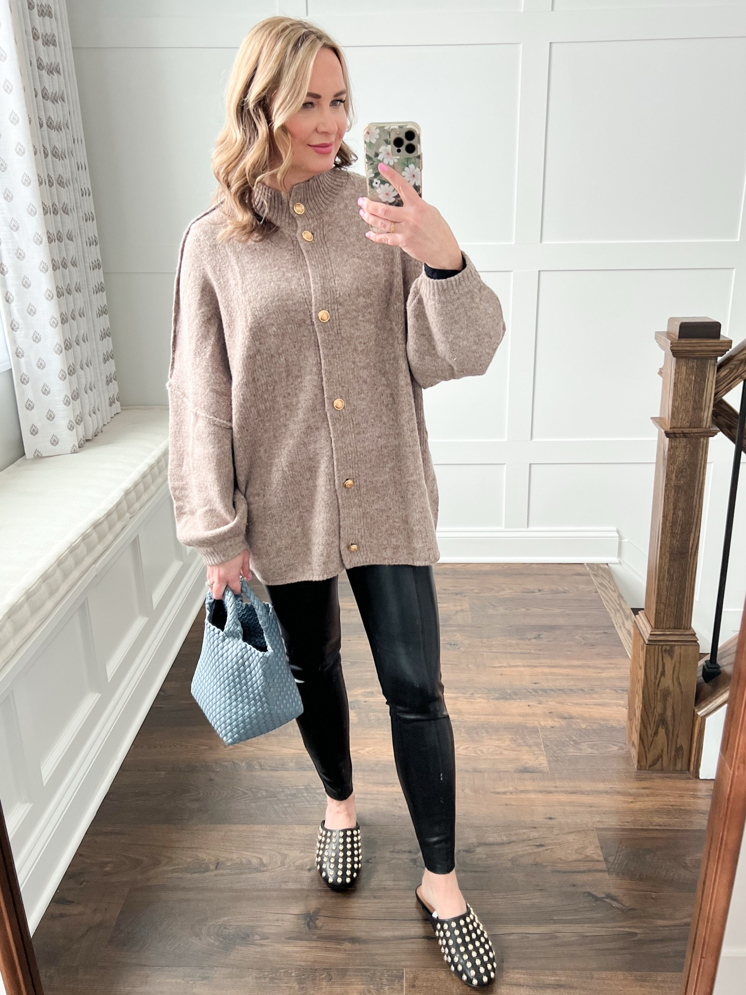 Outfit of the day! Sweater is Amazon! Love the gold buttons. It runs oversized. I’m wearing size medium. My gold studded mules are from Target and have memory foam! My leather leggings are old from Nordstrom and no longer available but I linked a similar pair from Loft! 

#LTKFindsUnder50 #LTKOver40 #LTKShoeCrush